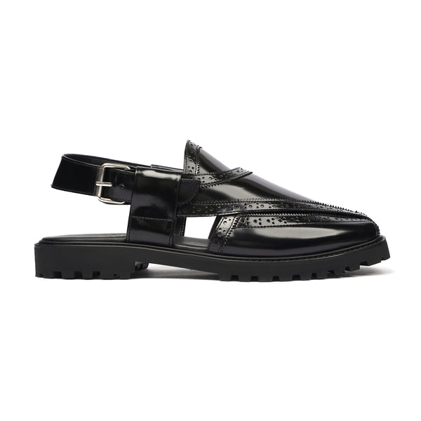 Brooklyn - Men's Black Box Leather High Shine Sandal