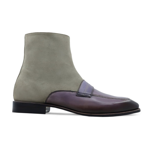 Kansas - Men's Burnished Purple Calf Leather and Steel Grey Kid Suede Chelsea Boot