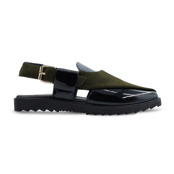 Hassium - Men's Black Patent Leather and Olive Green Kid Suede Sandal