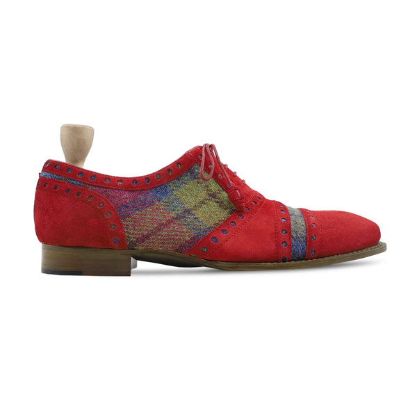 Marok - Men's Red Kid Suede Leather and Harrish Tweed Oxford Shoe